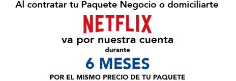 Al contratar tu Paquete Negocio o domiciliar, Netflix va por nuestra cuenta durante seis meses. Paquete Negocio 250 megas de subida y de bajada a sólo $649 al mes.